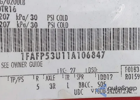 2001 Ford Taurus Se z USA, uszkodzony, nr VIN 1FAFP53U11A106847